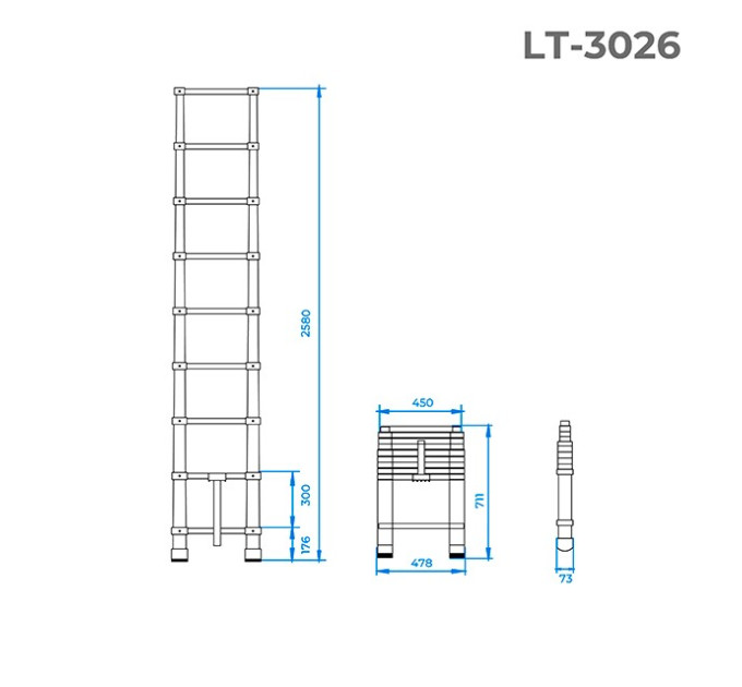 Драбина з алюмінію, телескопічна 8 сход., 2,5 м INTERTOOL LT-3026