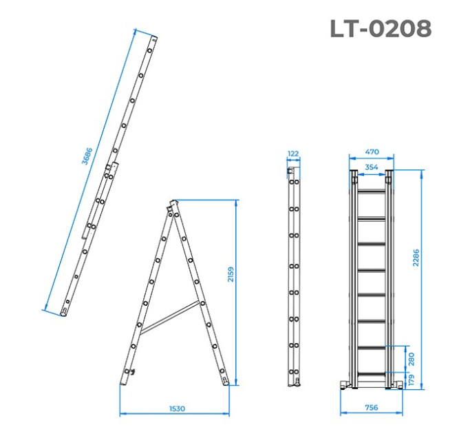 Драбина з алюмінію, 2-секційна універсальна розкладна, 2*8 сход., 3,69 м INTERTOOL LT-0208