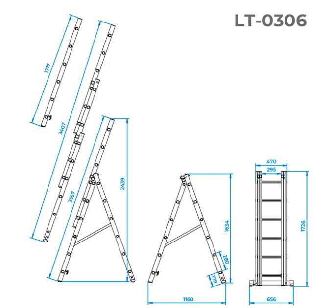 Драбина з алюмінію, 3-секційна універсальна розкладна, 3*6 сход., 3,4 м INTERTOOL LT-0306