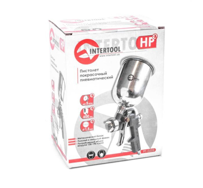 Фарбопульт пневматичний HP, форсунка 1.5 мм, верхній металевий бачок 600 мл, 5 bar INTERTOOL PT-0205