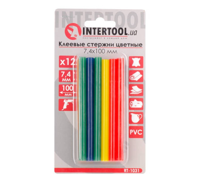 Комплект стрижнів клейових кольорових 7,4 мм * 100 мм, 12 шт INTERTOOL RT-1031