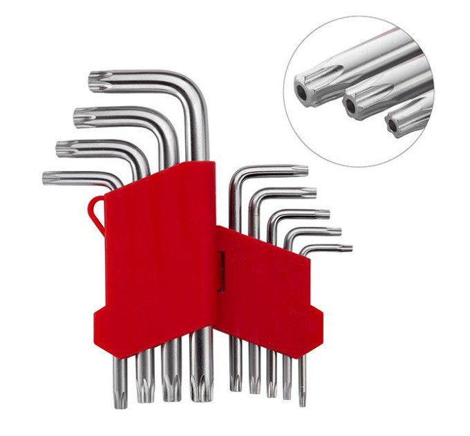 Набір ключів Г-подібних TORX з отвором 9 шт, Т10-Т50, CrV INTERTOOL HT-0604