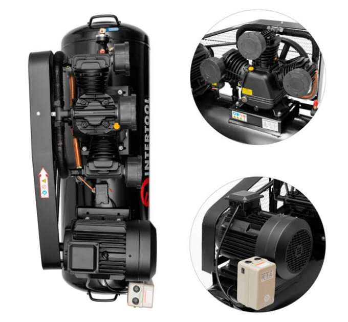 Компресор 200 л, 7,5 кВт, 380 В, 10 aтм, 1050 л/хв., 3 циліндри INTERTOOL PT-0040