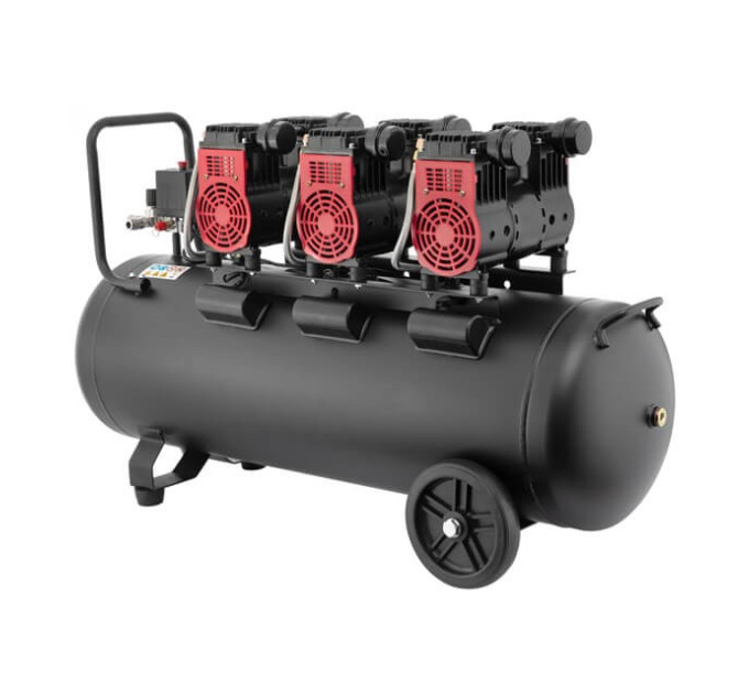 Компресор 100 л, 3х1.1 кВт, 220 В, 8 aтм, 480 л/хв., 1400 об/хв., малошумний, безмасляний, 6 циліндрів INTERTOOL PT-0028