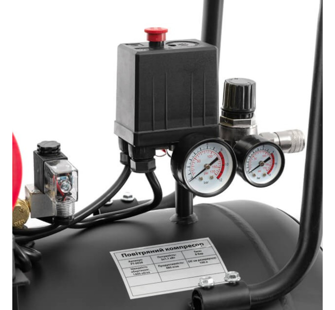 Компресор 100 л, 3х1.1 кВт, 220 В, 8 aтм, 480 л/хв., 1400 об/хв., малошумний, безмасляний, 6 циліндрів INTERTOOL PT-0028