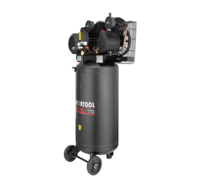 Компресор 100 л, вертикальний, 3 кВт, 220 В, 10 aтм, 500 л/хв. 2 циліндри INTERTOOL PT-0017
