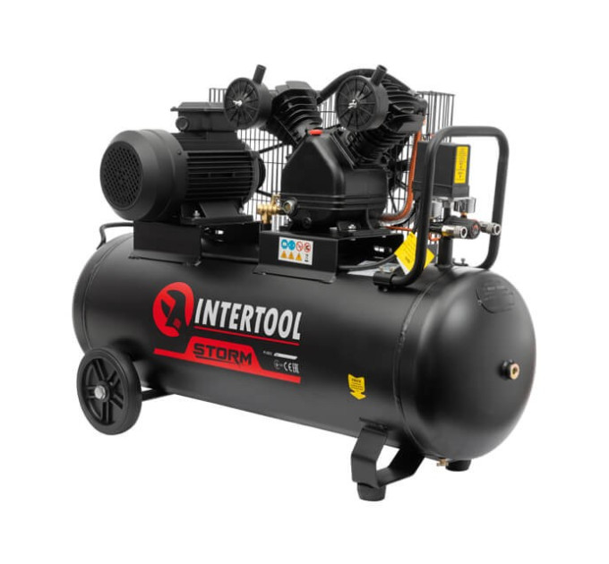 Компресор 100 л, 3 кВт, 380 В, 10 aтм, 500 л/хв., 2 циліндри INTERTOOL PT-0013