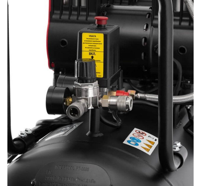 Компресор 100 л, 3х1.1 кВт, 220 В, 8 aтм, 480 л/хв., 1400 об/хв., малошумний, безмасляний, 6 циліндрів INTERTOOL PT-0028