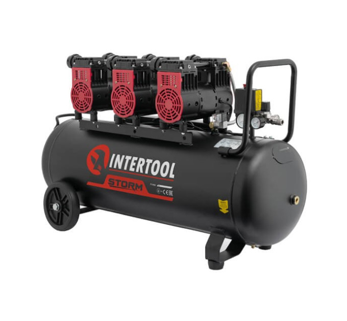 Компресор 100 л, 3х1.1 кВт, 220 В, 8 aтм, 480 л/хв., 1400 об/хв., малошумний, безмасляний, 6 циліндрів INTERTOOL PT-0028