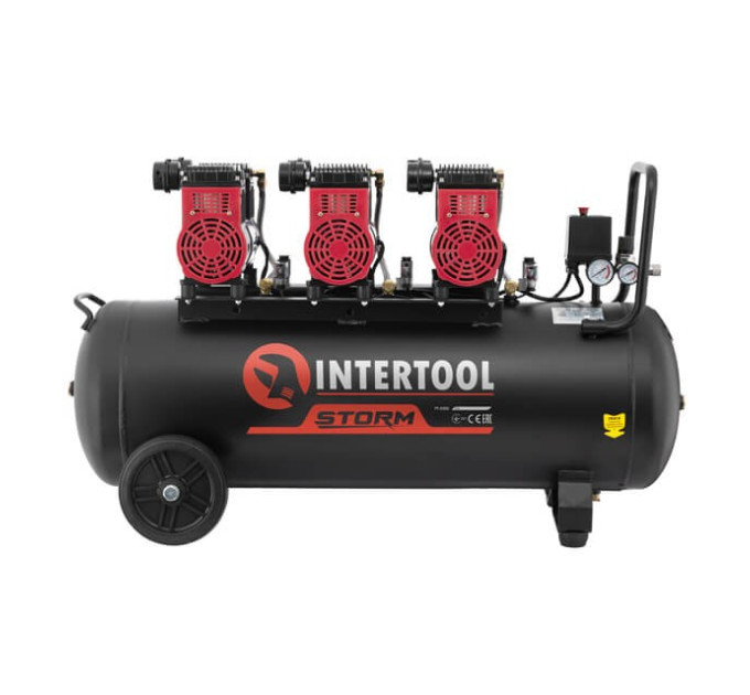 Компресор 100 л, 3х1.1 кВт, 220 В, 8 aтм, 480 л/хв., 1400 об/хв., малошумний, безмасляний, 6 циліндрів INTERTOOL PT-0028