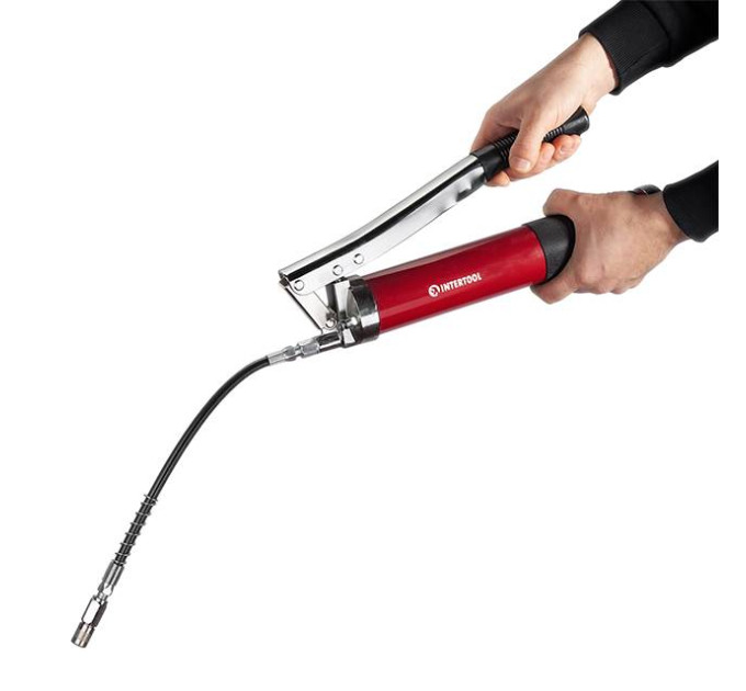 Шприц для змащування двоплунжерний 600 см3 з гнучким шлангом. INTERTOOL HT-0060
