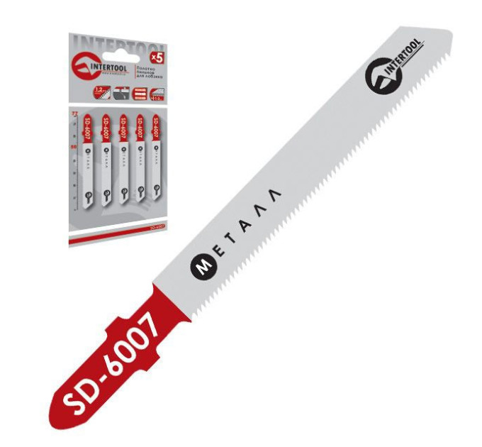 Набір полотен 5 од. для лобзика. Робоча довжина 50 мм, шаг зуба 1,2 мм, для роботи з тонким листовим металом та кольоровим металом. INTERTOOL SD-6007
