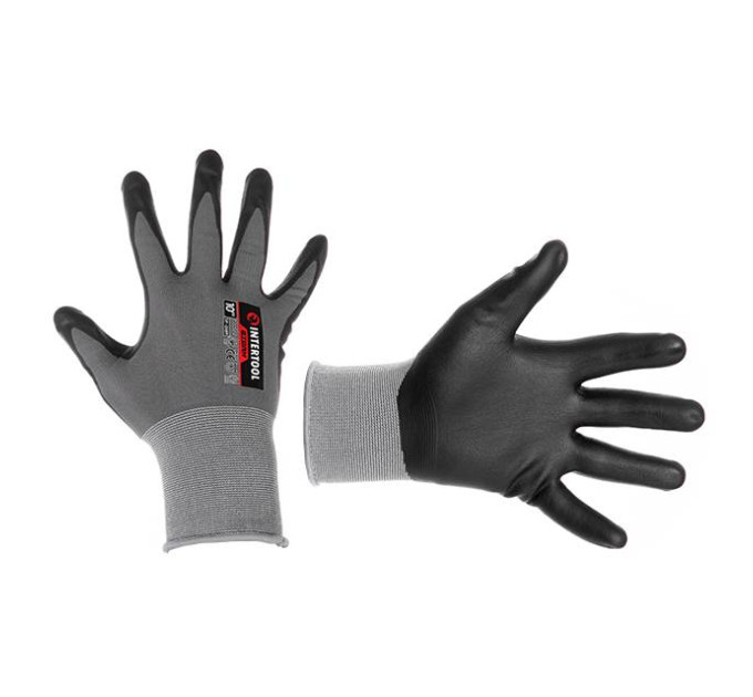 Рукавички трикотажні, синтетичні, двошарове поліурітанове і пористе нітрилове покриття на долоні, дихаюча, 10" STORM INTERTOOL SP-0189