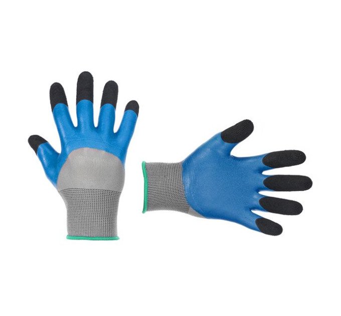 Рукавичка трикотажна, синтетична, посилена, 3/4 облив, покрита спіненим латексом синього кольору, покриття пальців зморшкуватим латексом чорного кольору, 8" INTERTOOL SP-0105