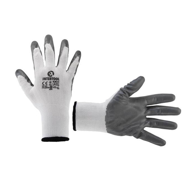 Рукавичка біла в'язана синтетична, покрита сірим нітрилом на долоні 10" INTERTOOL SP-0112