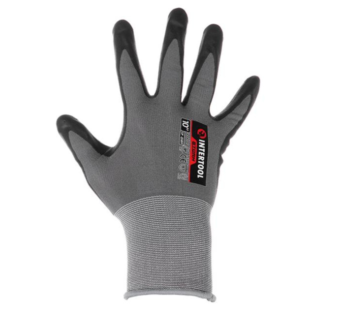 Рукавички трикотажні, синтетичні, двошарове поліурітанове і пористе нітрилове покриття на долоні, дихаюча, 10" STORM INTERTOOL SP-0189