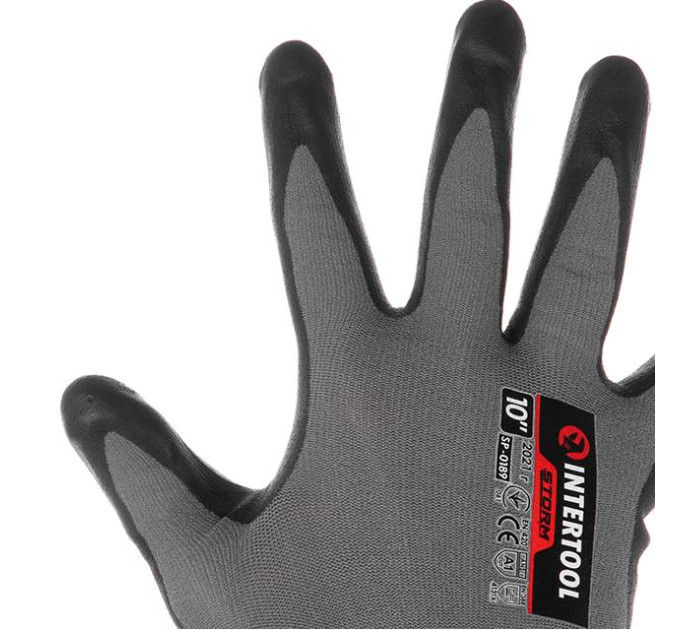 Рукавички трикотажні, синтетичні, двошарове поліурітанове і пористе нітрилове покриття на долоні, дихаюча, 10" STORM INTERTOOL SP-0189