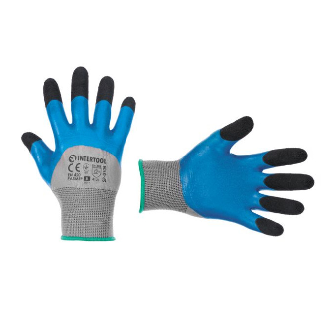 Рукавичка трикотажна, синтетична, посилена, 3/4 облив, вкрита спіненим латексом синього кольору, покриття пальців зморшкуватим латексом чорного кольору, 9" INTERTOOL SP-0106