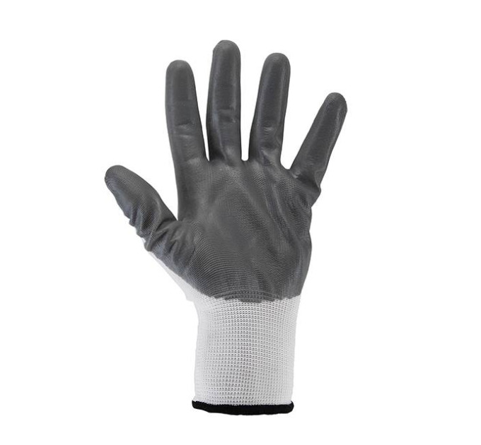 Рукавичка біла в'язана синтетична, покрита сірим нітрилом на долоні 10" INTERTOOL SP-0112