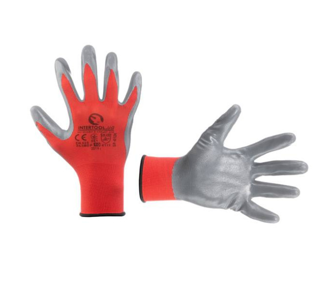 Рукавичка червона в'язана синтетична, вкрита сірим нітрилом на долоні 10" INTERTOOL SP-0124