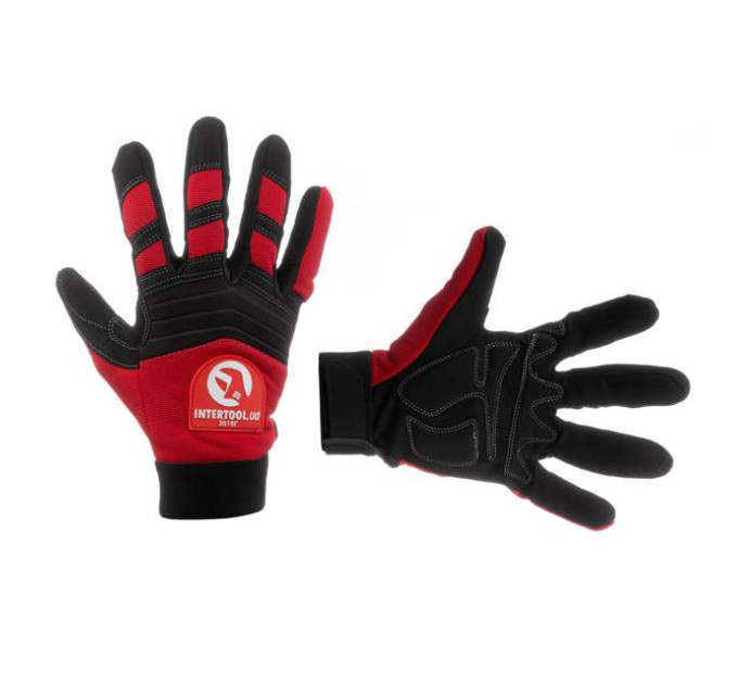 Рукавиці з мікрофібри з тканини, червона з чорними вставками спандексу. На долоні посилене неопренове покриття, вкрита нітрилом на липучці 10" INTERTOOL SP-0143