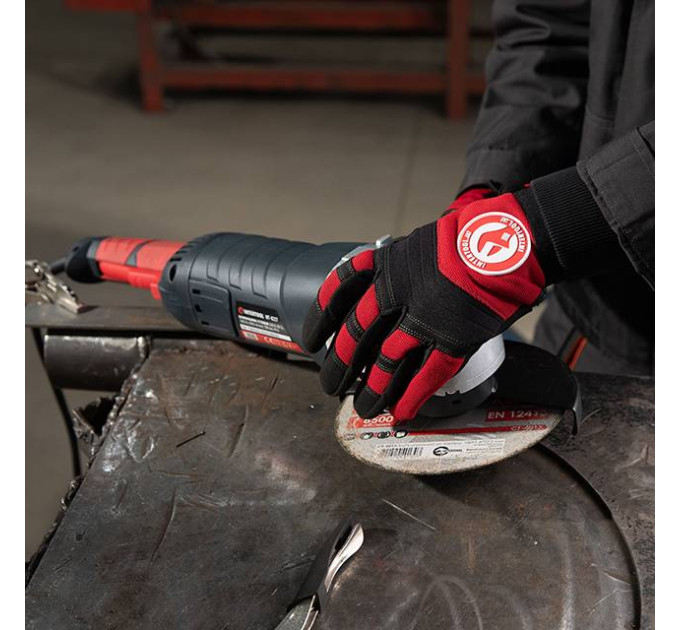 Рукавиці з мікрофібри з тканини, червона з чорними вставками спандексу. На долоні посилене неопренове покриття, вкрита нітрилом на липучці 10" INTERTOOL SP-0143