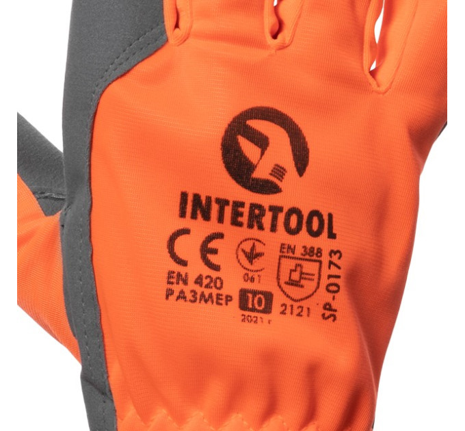 Рукавичка шкіряна комбінована з еко-шкіри та флуоресцентної помаранчевої тканини 10" INTERTOOL SP-0173