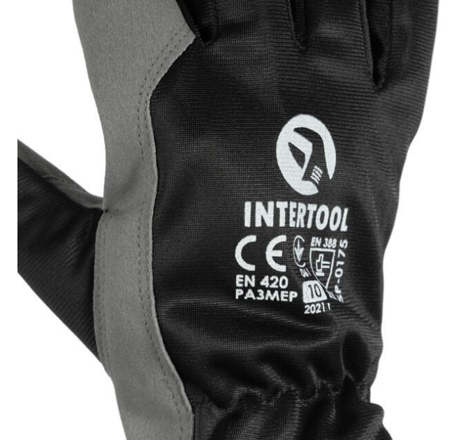 Рукавичка шкіряна комбінована з високоякісної еко-шкіри і поліестерової тканини 10" INTERTOOL SP-0175