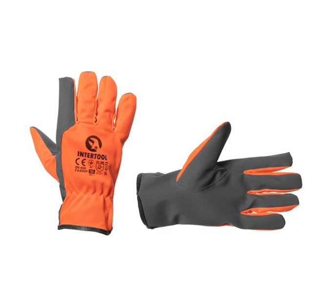 Рукавичка шкіряна комбінована з еко-шкіри та флуоресцентної помаранчевої тканини 10" INTERTOOL SP-0173