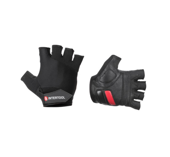 Рукавичка без пальців, шкіряна, гелеві та гумові вставки на долоні, вставки з дихаючого неопрена на тильній стороні, фіксація ремінцем на липучці, 10 " INTERTOOL SP-0147