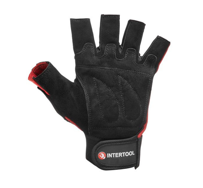 Рукавичка без пальців, шкіряна, посилення на долоні, вставки з спандекса на тильній стороні долоні, фіксація ремінцем на липучці, 10 " INTERTOOL SP-0148