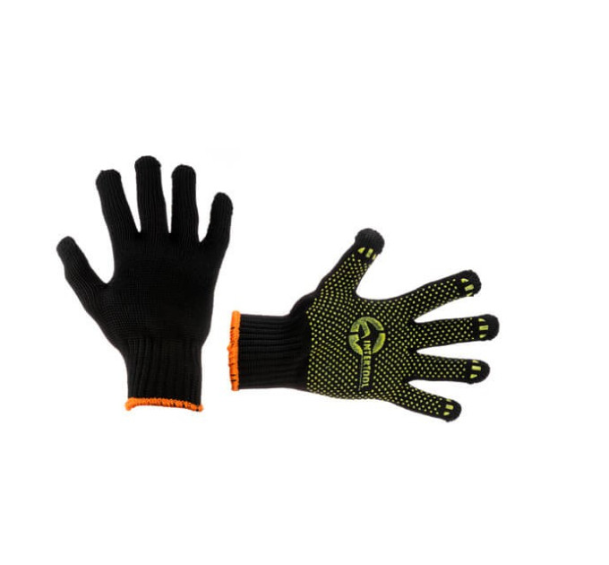 Рукавичка трикотажна 60% бавовна / 40% поліестер, з ПВХ крапкою, клас в'язки 7, колір чорний, з платуванням, жовта крапка, 90 гр INTERTOOL SP-0125