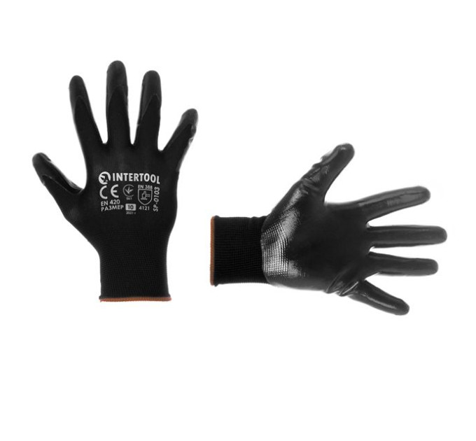 Рукавичка трикотажна, синтетична, чорного кольору, з нітриловим покриттям, 10" INTERTOOL SP-0103