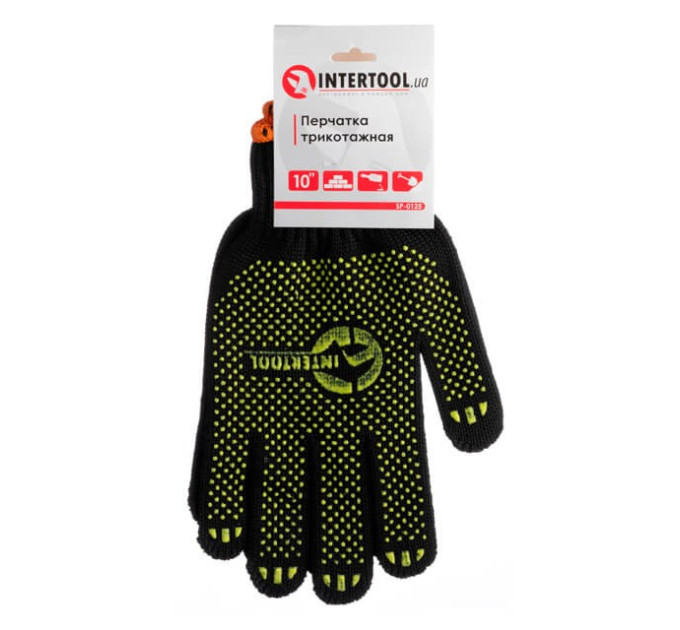 Рукавичка трикотажна 60% бавовна / 40% поліестер, з ПВХ крапкою, клас в'язки 7, колір чорний, з платуванням, жовта крапка, 90 гр INTERTOOL SP-0125
