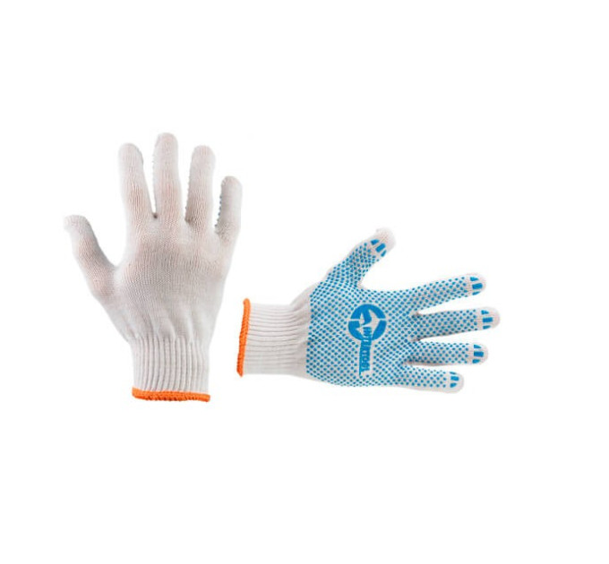 Рукавичка трикотажна 70% бавовна / 30% поліестер, з ПВХ крапкою, клас в'язки 10, колір білий, синя крапка, 52 гр INTERTOOL SP-0130
