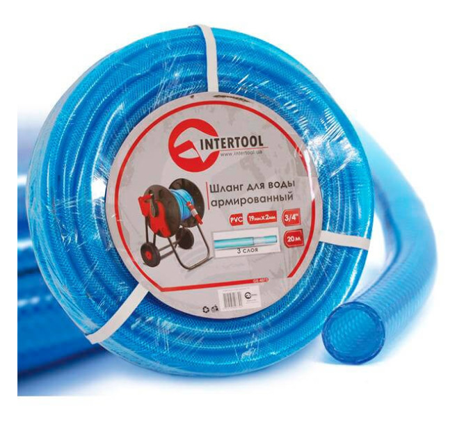 Шланг для води тришаровий, синій, 3/4", 20 м, армований, PVC INTERTOOL GE-4073