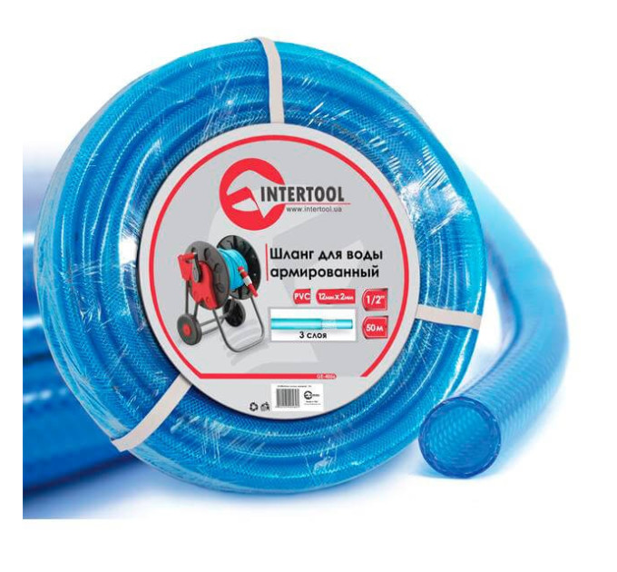 Шланг для води тришаровий, синій, 1/2", 50 м, армований, PVC INTERTOOL GE-4056