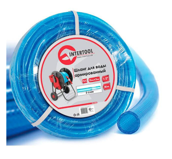 Шланг для води тришаровий, синій, 1/2", 30 м, армований, PVC INTERTOOL GE-4055