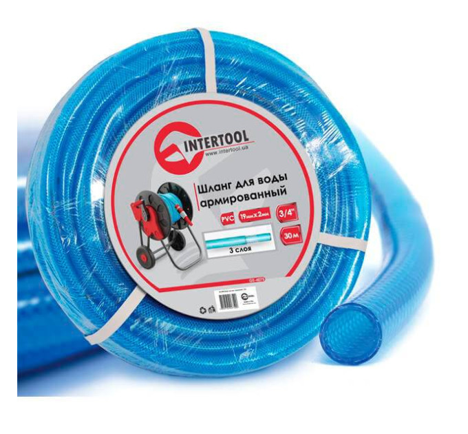Шланг для води тришаровий, синій, 3/4", 30 м, армований, PVC INTERTOOL GE-4075