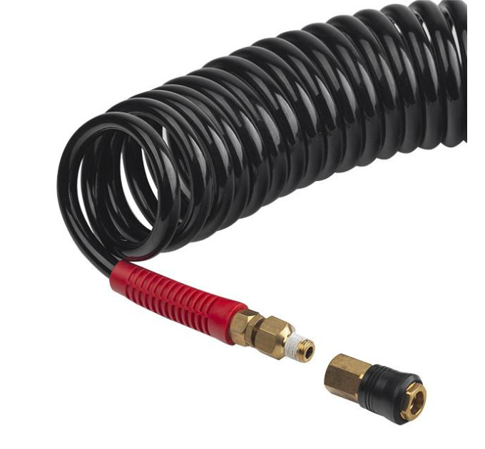 Шланг BLACK M-Flex 8*12 мм, 20 м спіральний поліуретановий з поворотним шарніром, латунними швидкороз'ємними з'єднаннями STORM INTERTOOL PT-1798