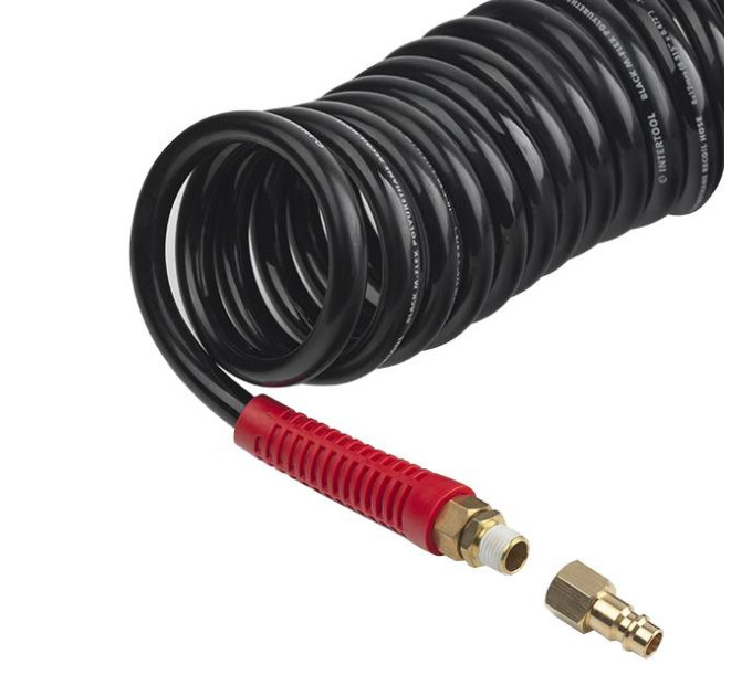 Шланг BLACK M-Flex 8*12 мм, 20 м спіральний поліуретановий з поворотним шарніром, латунними швидкороз'ємними з'єднаннями STORM INTERTOOL PT-1798