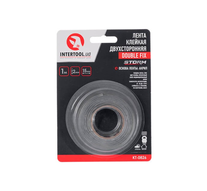Стрічка клейка двостороння DOUBLE FIX, 15 мм * 1 м * 2 мм, прозора, акрил, STORM INTERTOOL KT-0826