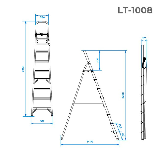 Стрем'янка з алюмінію, 8 сходинок, висота до платформи 1720 мм INTERTOOL LT-1008