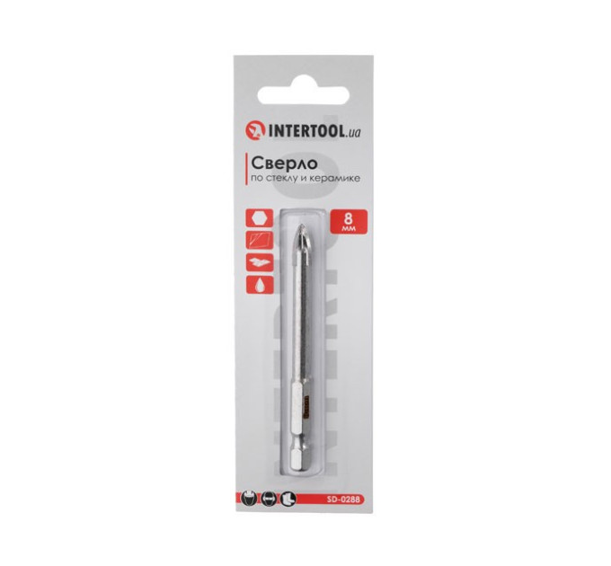 Свердло по склу та кераміці 8 мм HEX 1/4'' (6.35 mm) INTERTOOL SD-0288
