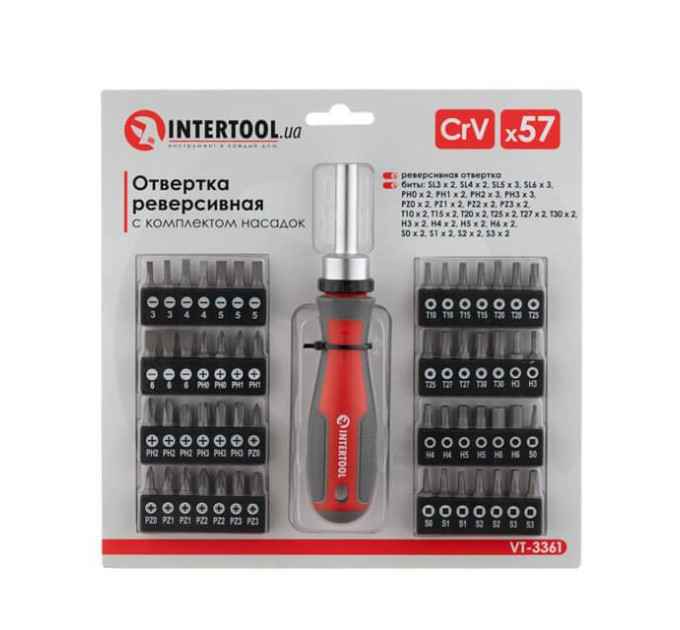 Викрутка реверсивна з комплектом насадок 57 од INTERTOOL VT-3361