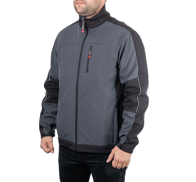 Куртка SOFTSHELL темно сіро-чорна, тришарова, тканина стрейч 300 GSM 100D з водо-, вітрозахистом, розмір XXL INTERTOOL SP-3135