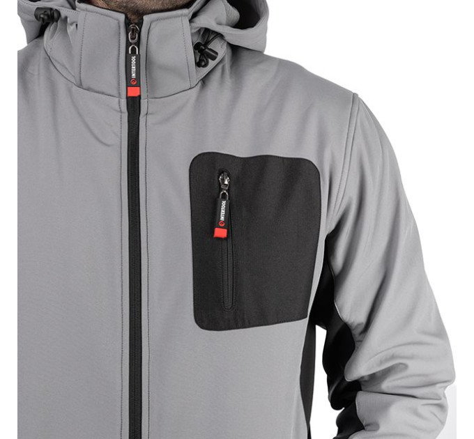 Куртка SOFTSHELL світло сіро-чорна, з капюшоном, тришарова, тканина - стрейч 300 GSM 100D, з водо- і вітрозахистом, розмір XXXL INTERTOOL SP-3126