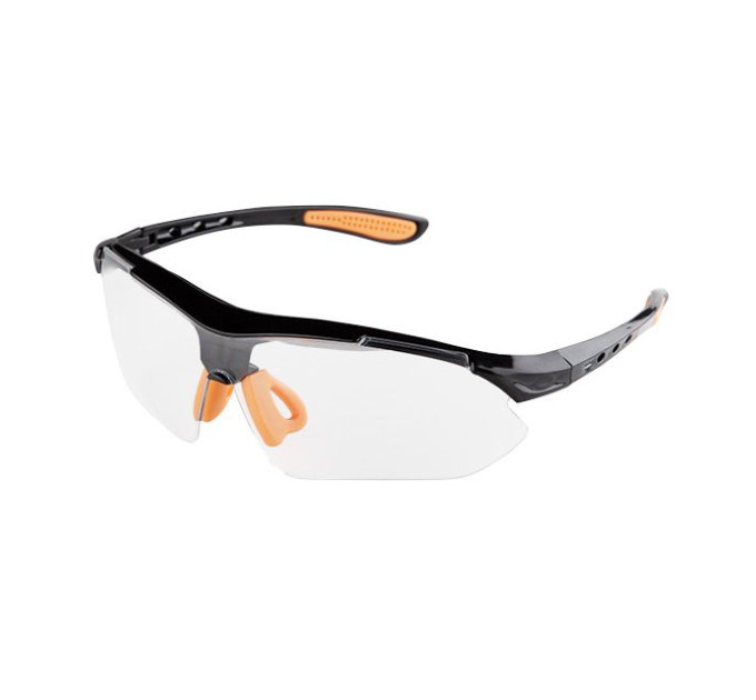 Окуляри захисні прозорі, матеріал лінз полікарбонат, завушини чорного кольору, матеріал нейлон, гумова накладка для носа, захист від удару INTERTOOL SP-0092