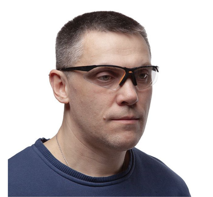 Окуляри захисні прозорі, матеріал полікарбонат, завушини чорного кольору, матеріал нейлон, гумова накладка для носа, захист від удару INTERTOOL SP-0095