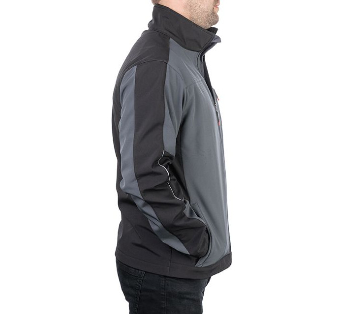 Куртка SOFTSHELL темно сіро-чорна, тришарова, тканина - стрейч 300 GSM 100D, з водо- і вітрозахистом, розмір S INTERTOOL SP-3131